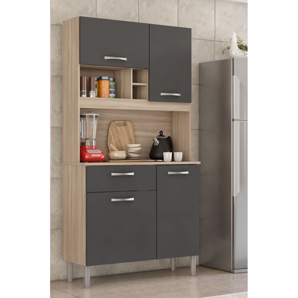 Kit Cozinha Malta com Nicho Adega 4 Portas 1 Gaveta - Avena Touch/Grafito Demóbile 