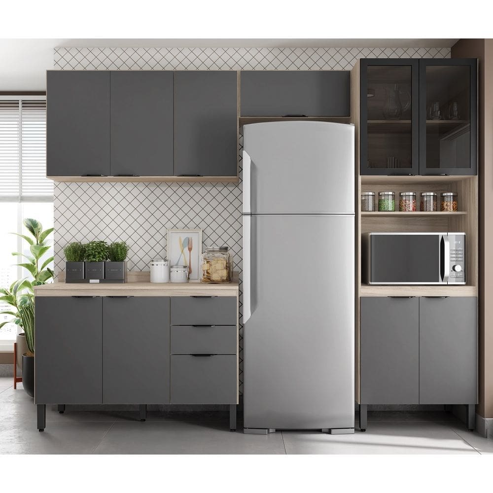 Cozinha Firenze Modulada 5 peças com Paneleira 2 Portas de Vidro fumê - Avena Touch/ Grafito Demóbile