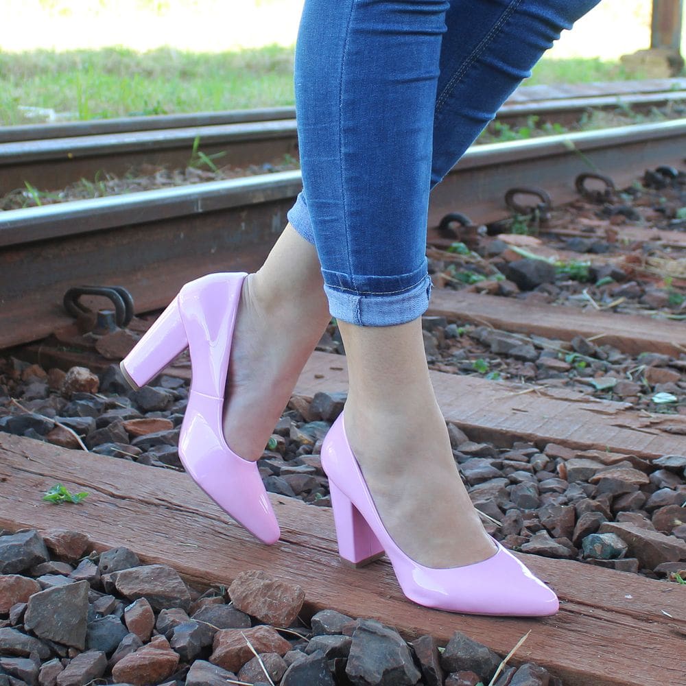 Scarpin Dravanna Salto Alto Bloco Verniz Rosa