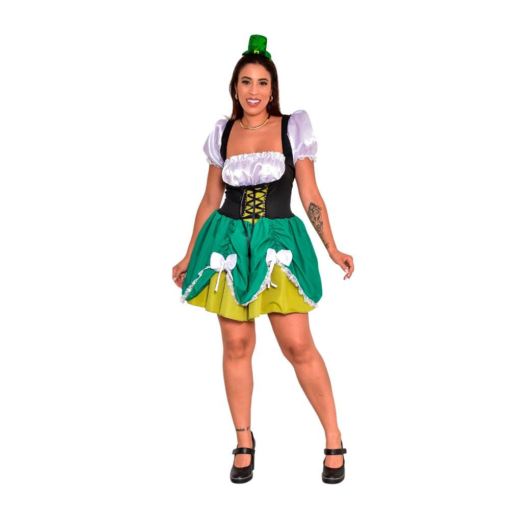 Fantasia Duende Feminina Vestido Verde Camponesa Adulto Oktoberfest Leprechaun Saint St. Patrick´s Day Dia de São Patrí
