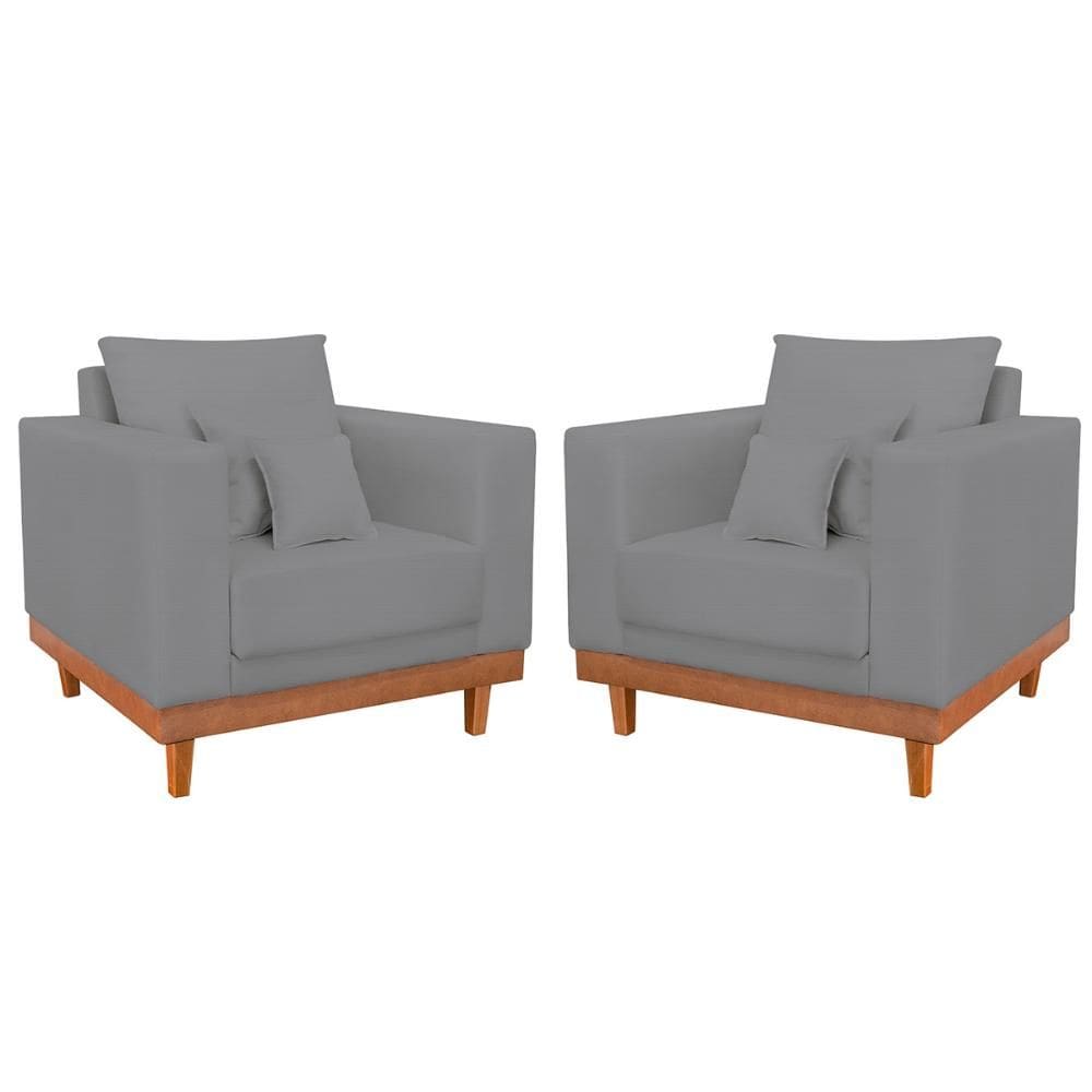 Kit 2 Poltronas Linho Resistentes Base Madeira + Almofadas