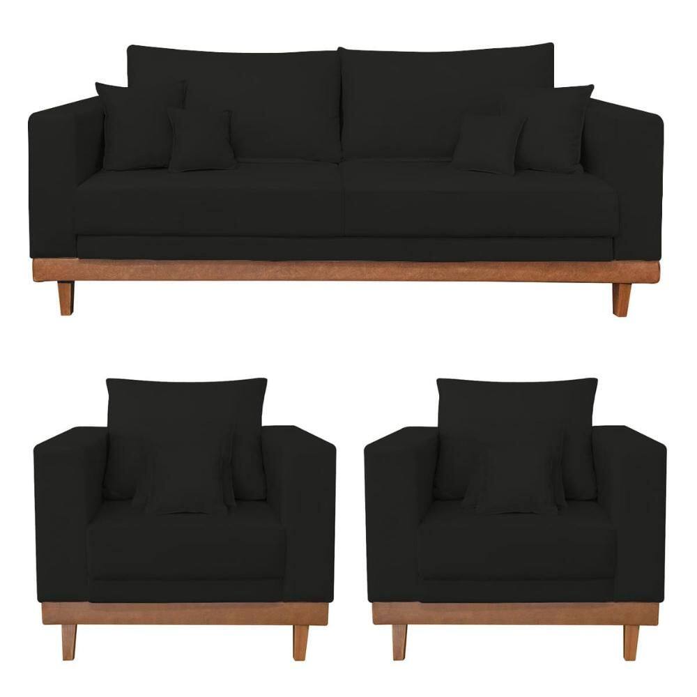 Kit 2 Poltronas Living + Sofá 3 Lugares Base Madeira Suede
