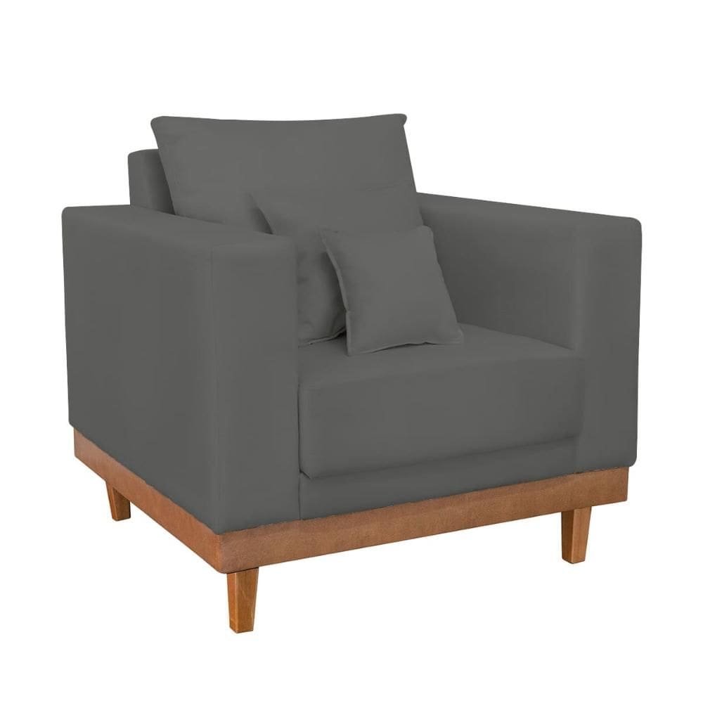 Poltrona Living Resistente Suede Base Madeira com Almofadas