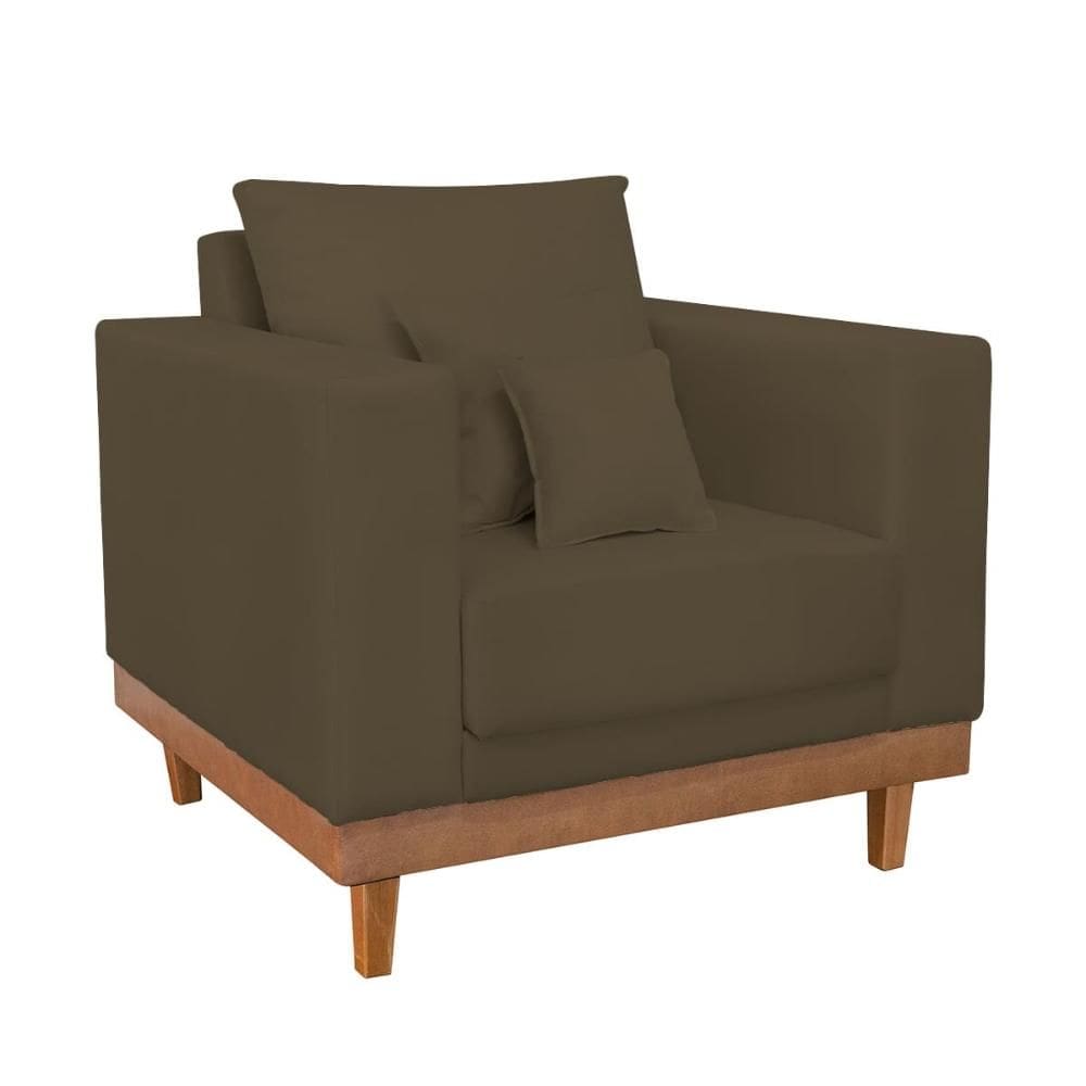 Poltrona Living Resistente Suede Base Madeira com Almofadas