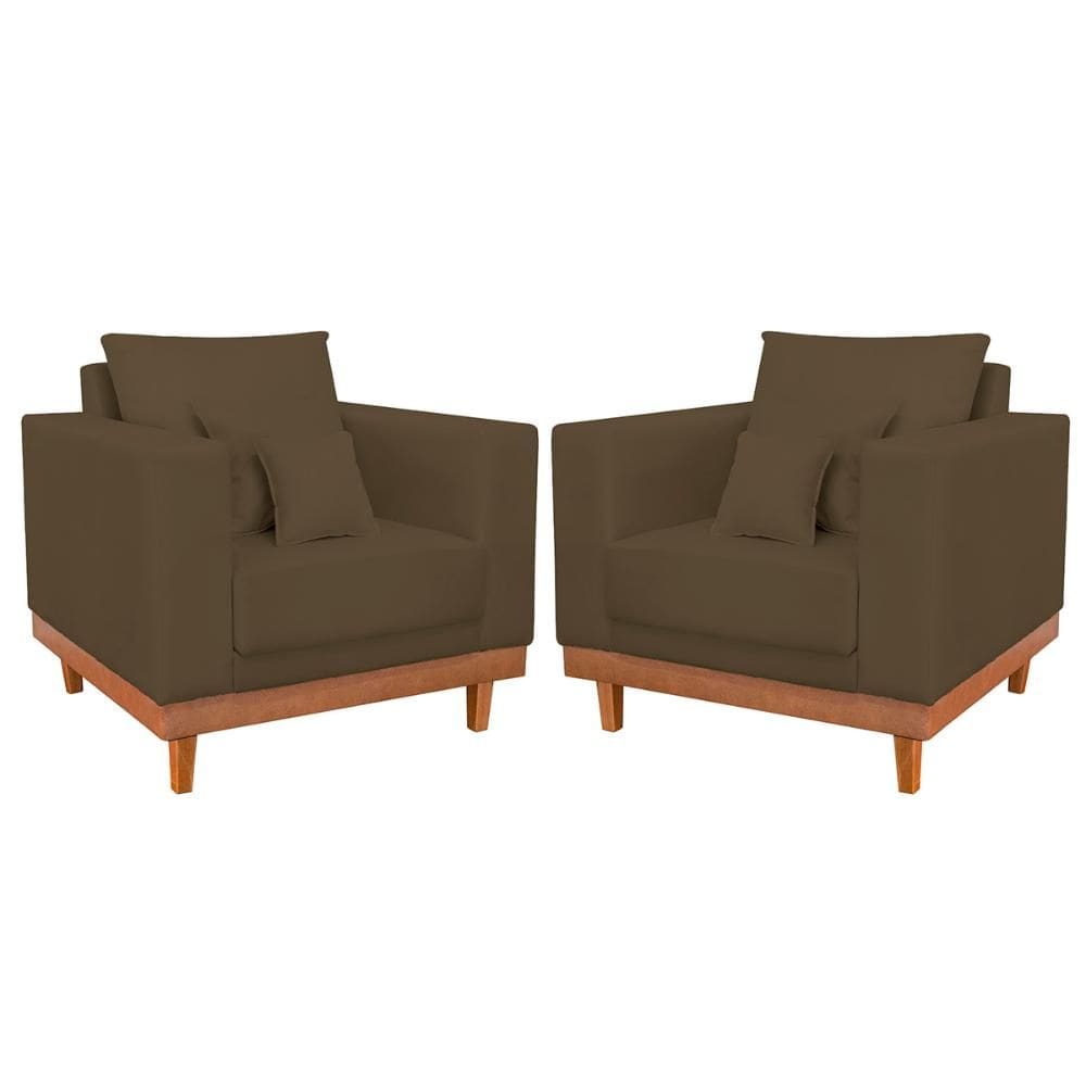 Kit 2 Poltronas Suede Resistentes Base Madeira + Almofadas