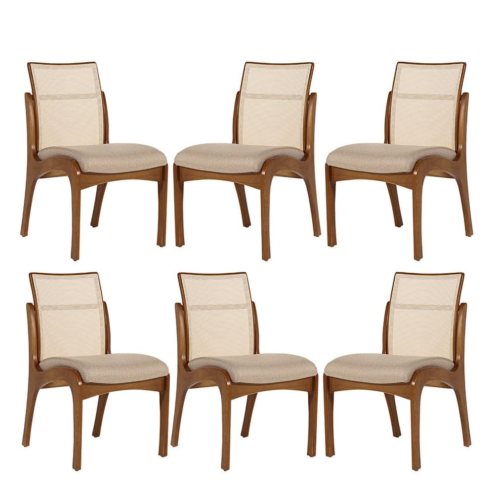 Kit 6 Cadeiras para Mesa de Jantar Lisboa com Encosto em Tela Madeira Maciça Linho Bege M58 RMI