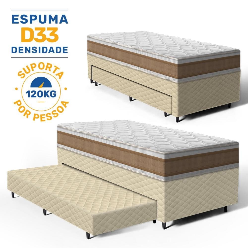 Cama Box com Colchao de Espuma D33 Double Face Air Pro Forca Anjos + Auxiliar de Espuma Unique Solteiro 88cm