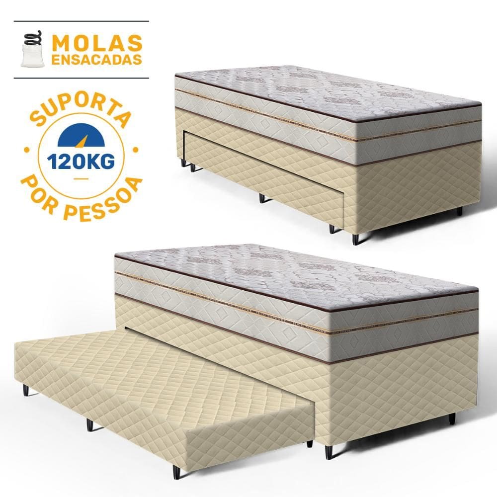 Cama Box com Colchão de Molas Ensacadas Luxury + Auxiliar de Espuma Unique Solteiro 88cm