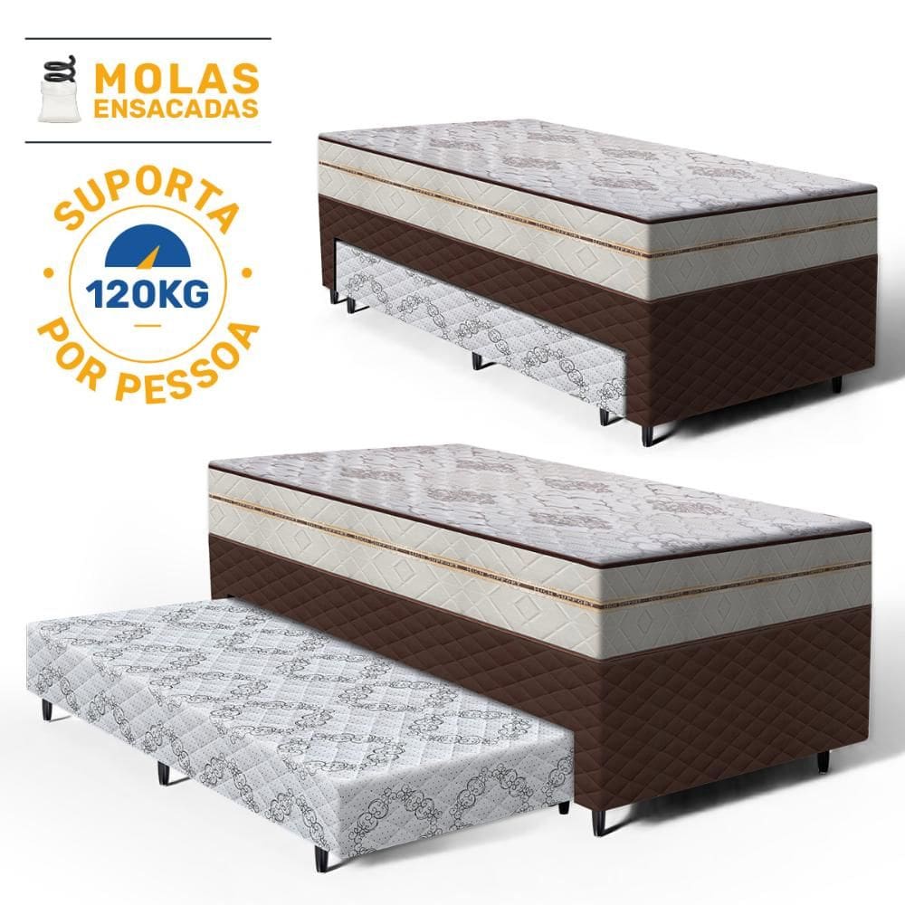 Cama Box com Colchão de Molas Ensacadas Luxury + Auxiliar de Espuma Unique Solteiro 88cm