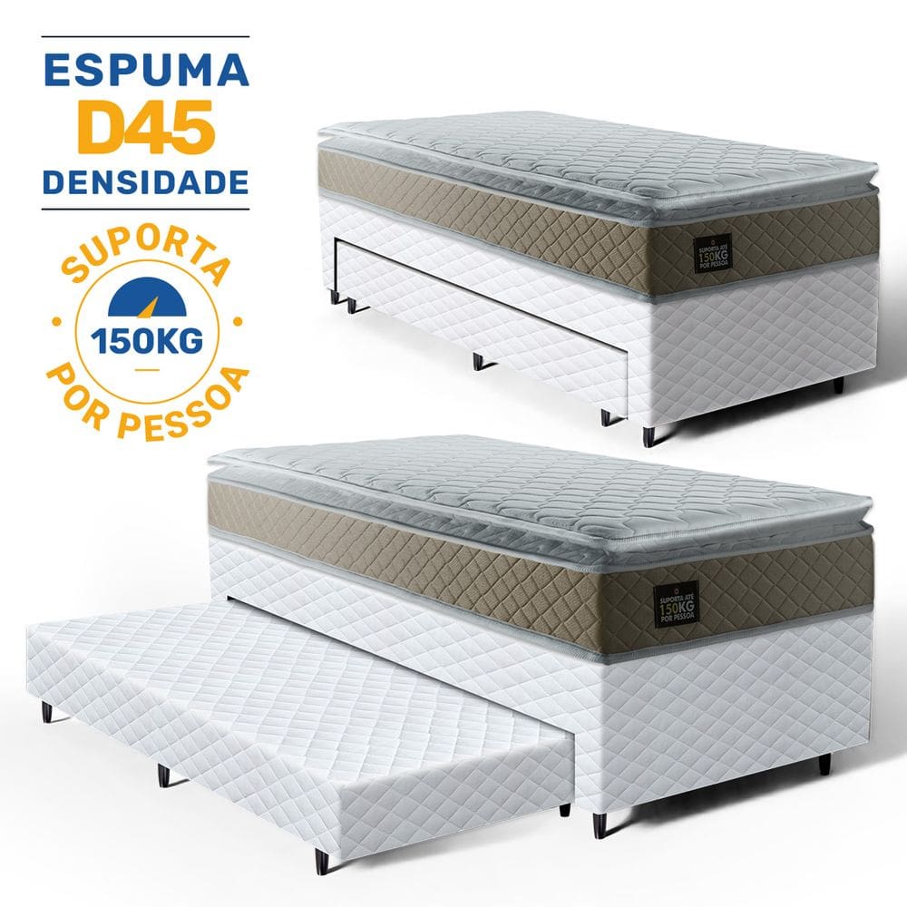 Cama Box com Colchão de Espuma D45 Pillow Top Strong One Face + Auxiliar de Espuma Unique Solteiro 88cm