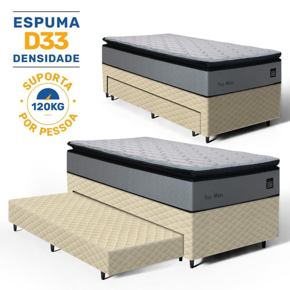 Cama Box com Colchão de Espuma D33 Pillow Top Maxx + Auxiliar de Espuma Unique Solteiro 88cm