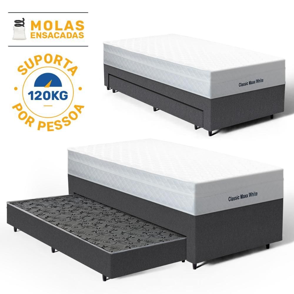 Cama Box com Colchão de Molas Ensacadas Classic Maxx White + Auxiliar de Espuma Unique Solteiro 88cm