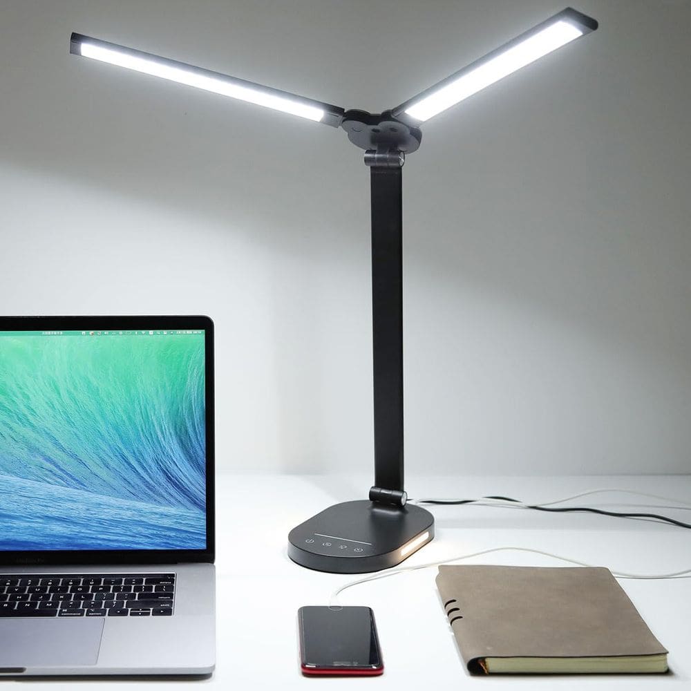 Lâmpada de mesa LED com braço giratório duplo de 14 W com porta USB