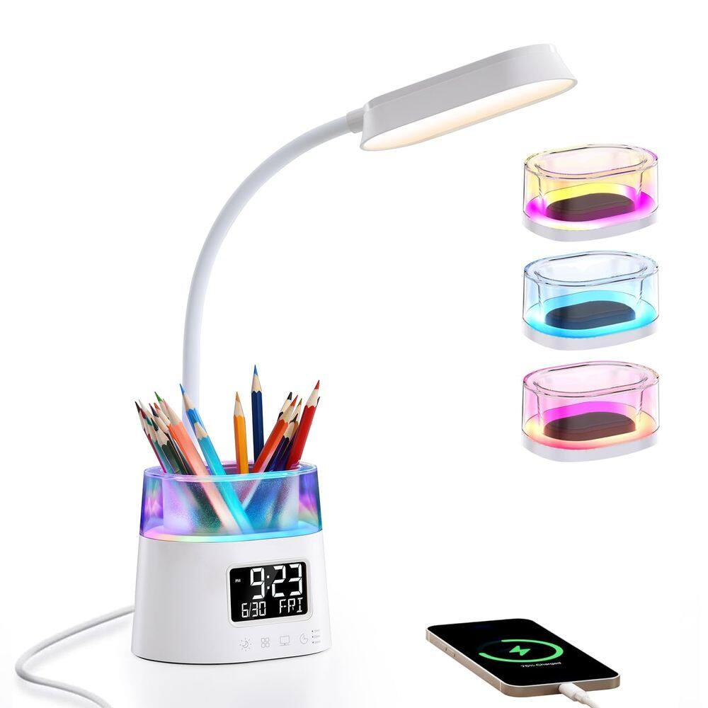 Lâmpada de mesa WILIT LED com suporte para canetas, porta de carregamento USB e relógio