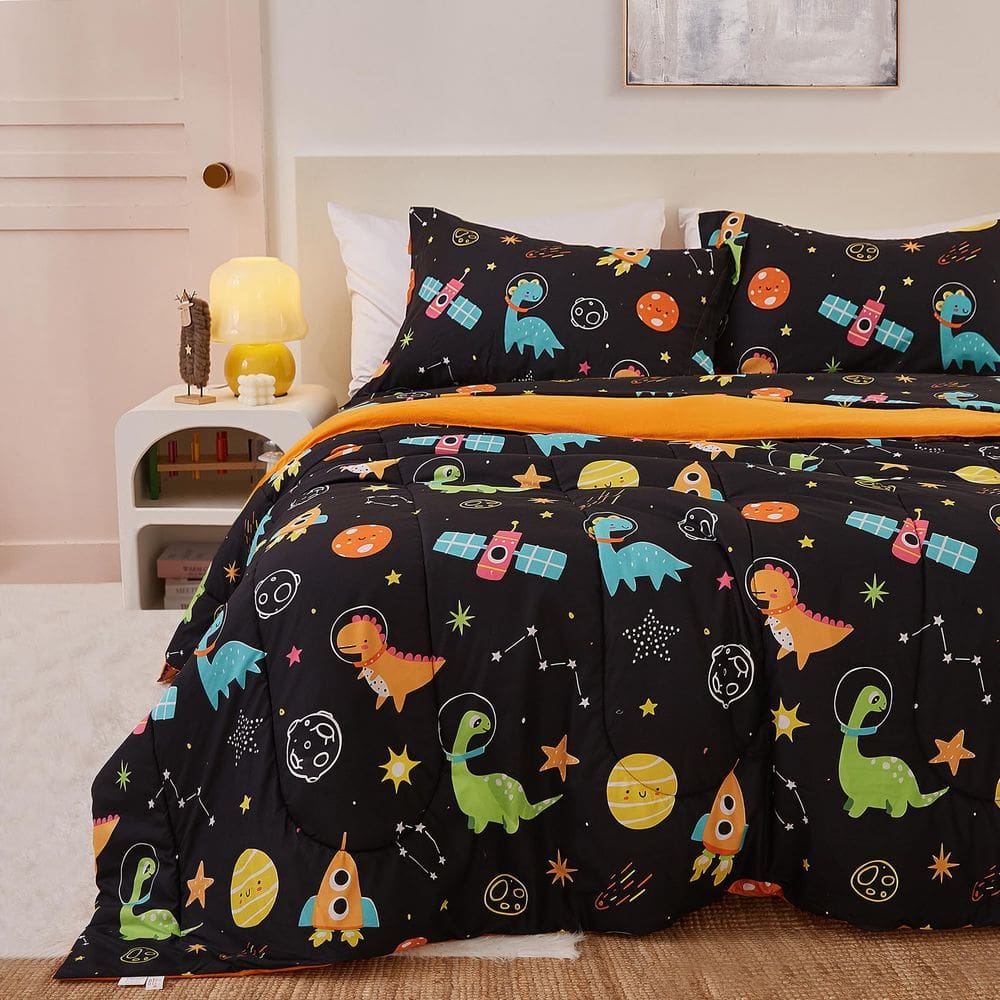 Conjunto de edredom Yibeizi Space Dinosaur Kids, tamanho completo, 3 peças