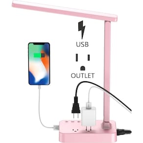 Lâmpada de mesa Drevet LED com porta de carregamento USB e 2 tomadas AC