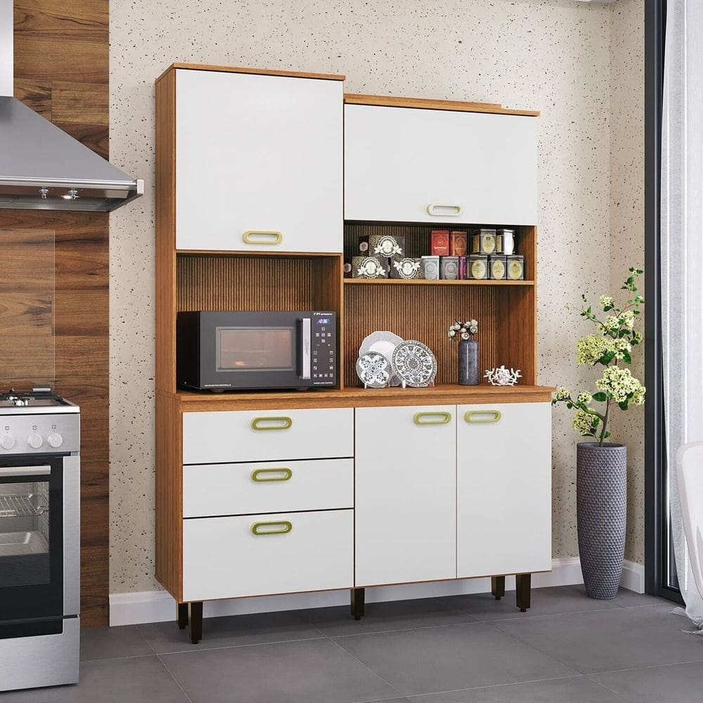 Cozinha Compacta 4 Portas 3 Gavetas Ravena Freijó/ Off-White