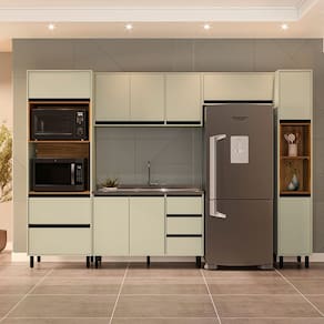 Cozinha 5 Peças Balcão 3 Gavetas 2 Portas Aéreo Paneleiro Torre Quente sem Tampo Koya Branco/Verde Oliva