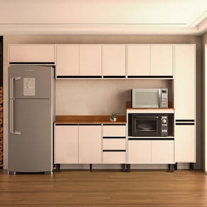 Cozinha 6 Peças Balcão 3 Gavetas 2 Portas Aéreo Balcão Alto Paneleiro com Tampo Koya Branco/Creme