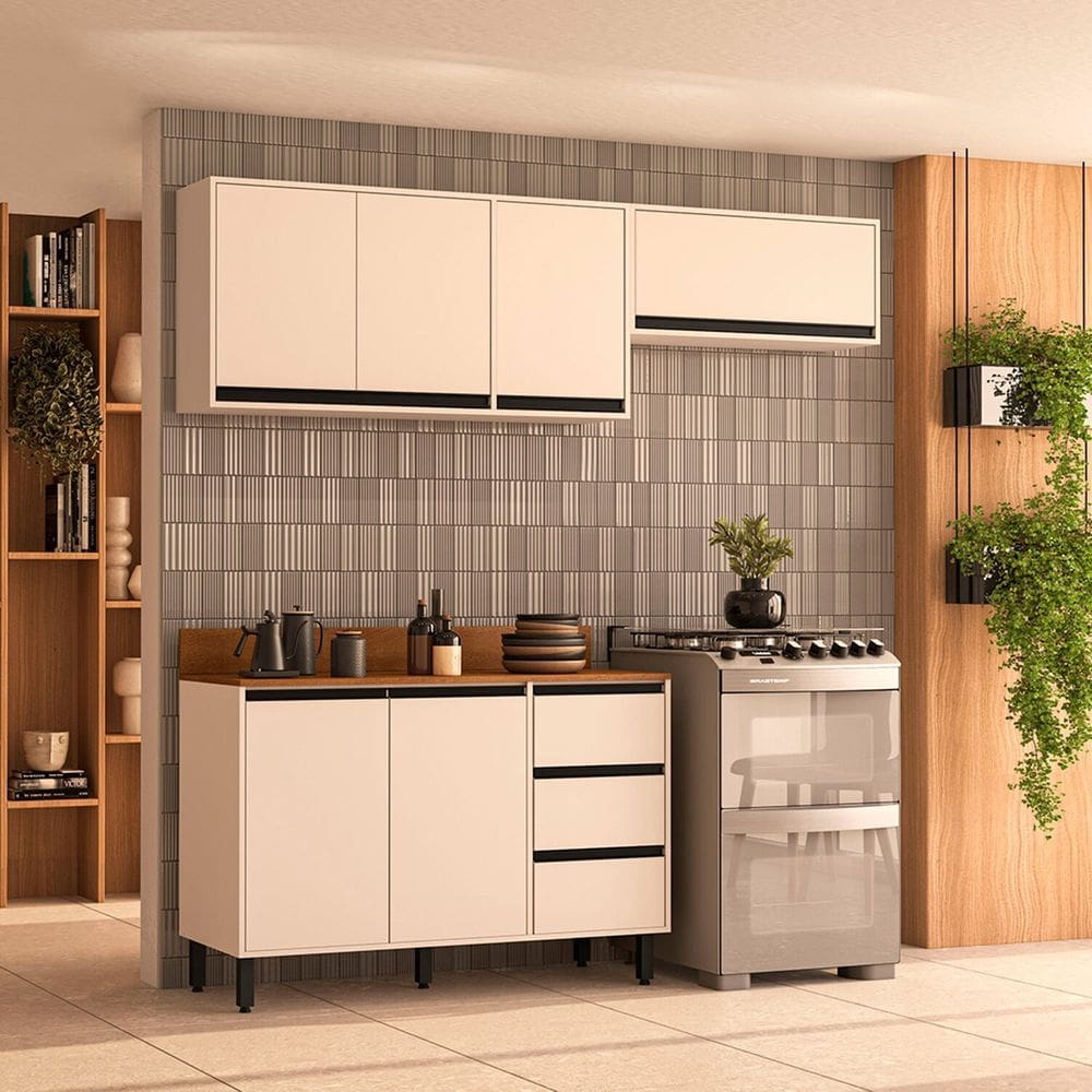 Cozinha 3 Peças Balcão 3 Gavetas 2 Portas Aéreo e Basculante com Tampo Koya Branco/Creme