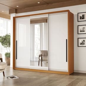 Guarda-roupa 3 Portas de Correr 4 Gavetas com Espelho Valência Freijó/Branco