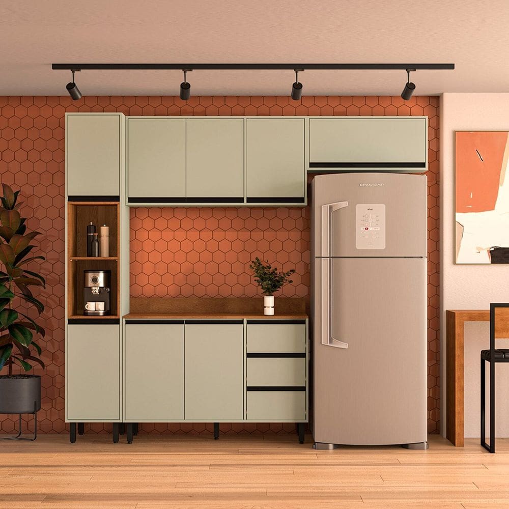 Cozinha 4 Peças Balcão 3 Gavetas 2 Portas Aéreo Basculante Paneleiro com Tampo Koya Branco/Verde Oliva