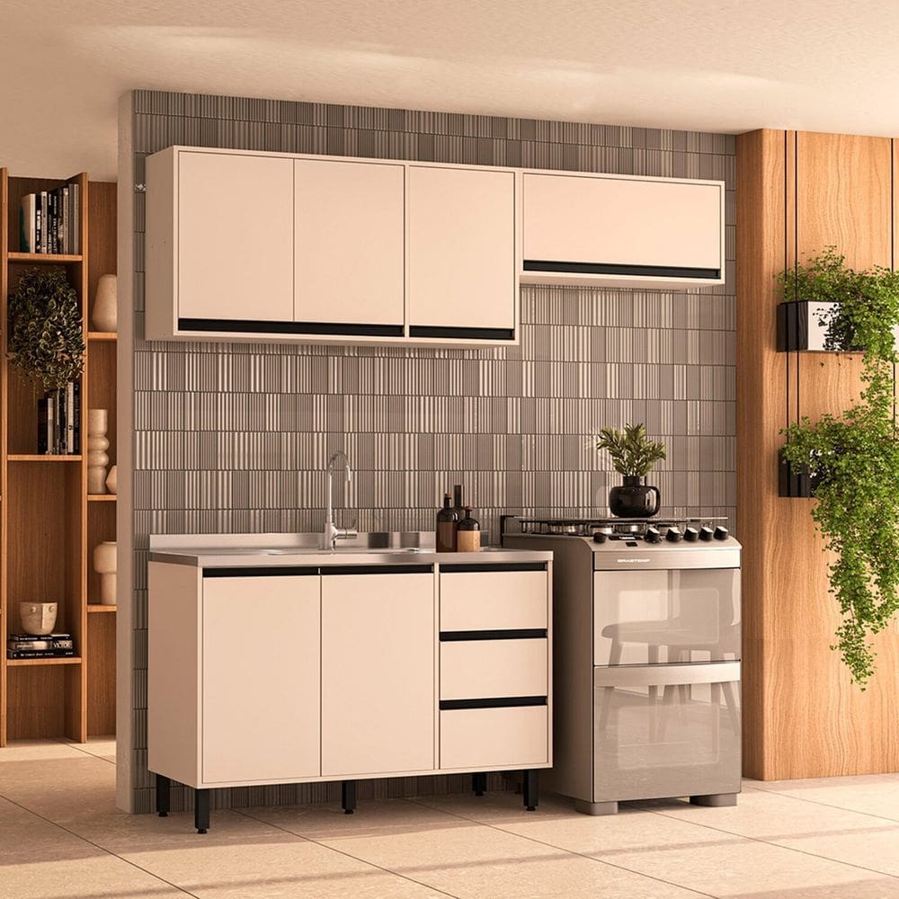 Cozinha 3 Peças Balcão 3 Gavetas 2 Portas Aéreo e Basculante sem Tampo Koya Branco/Creme