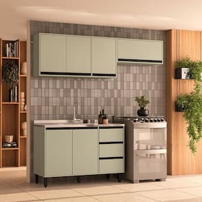 Cozinha 3 Peças Balcão 3 Gavetas 2 Portas Aéreo e Basculante sem Tampo Koya Branco/Verde Oliva