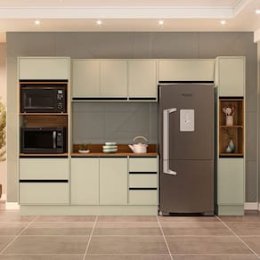 Cozinha 5 Peças Balcão 3 Gavetas 2 Portas Aéreo Paneleiro Torre Quente com Tampo Koya Branco/Verde Oliva