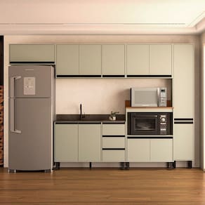 Cozinha 6 Peças Balcão 3 Gavetas 2 Portas Aéreo Balcão Alto Paneleiro sem Tampo Koya Branco/Verde Oliva