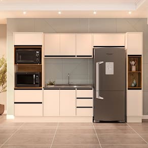 Cozinha 5 Peças Balcão 3 Gavetas 2 Portas Aéreo Paneleiro Torre Quente sem Tampo Koya Branco/Creme