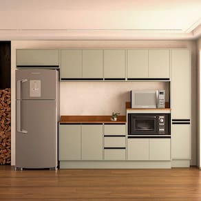 Cozinha 6 Peças Balcão 3 Gavetas 2 Portas Aéreo Balcão Alto Paneleiro com Tampo Koya Branco/Verde Oliva