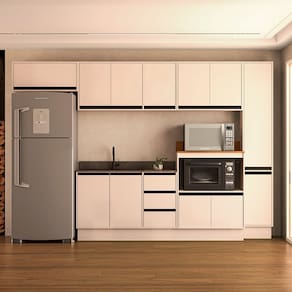 Cozinha 6 Peças Balcão 3 Gavetas 2 Portas Aéreo Balcão Alto Paneleiro sem Tampo Koya Branco/Creme