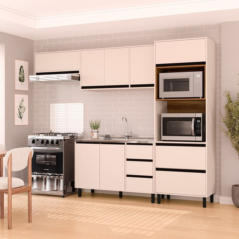 Cozinha 4 Peças Balcão 3 Gavetas 2 Portas Aéreo Basculante Torre Quente sem Tampo Koya Branco/Creme