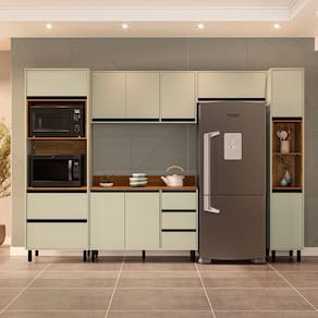 Cozinha 5 Peças Balcão 3 Gavetas 2 Portas Aéreo Paneleiro Torre Quente com Tampo Koya Branco/Verde Oliva