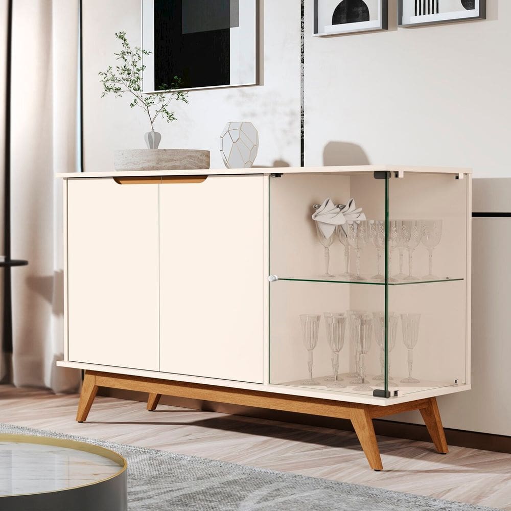 Buffet Tucumã com Puxador Usinado e Vidro em 4cm Temperado Off White