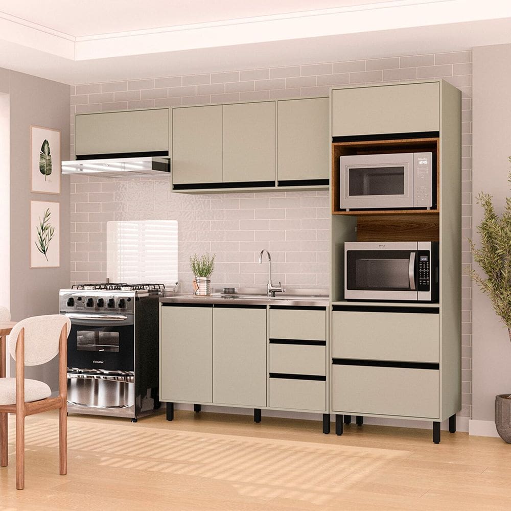 Cozinha 4 Peças Balcão 3 Gavetas 2 Portas Aéreo Basculante Torre Quente sem Tampo Koya Branco/Verde Oliva
