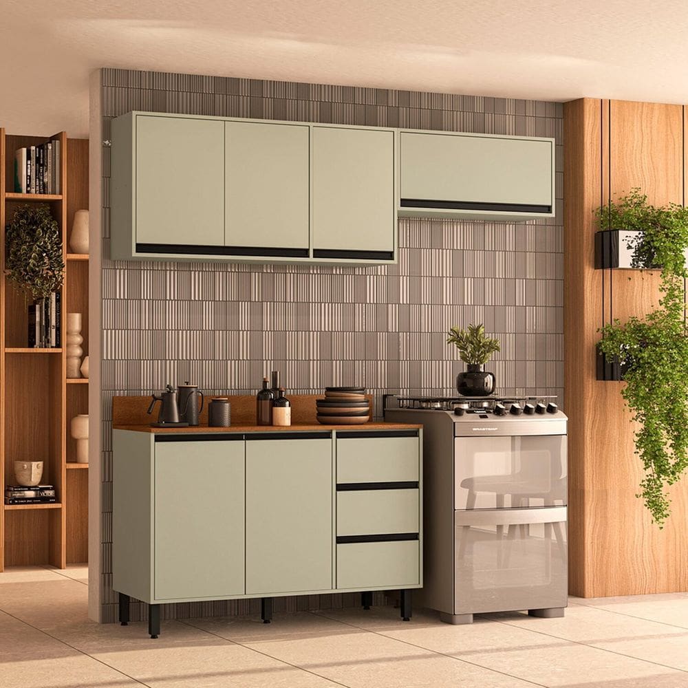 Cozinha 3 Peças Balcão 3 Gavetas 2 Portas Aéreo e Basculante com Tampo Koya Branco/Verde Oliva