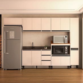 Cozinha 6 Peças Balcão 3 Gavetas 2 Portas Aéreo Balcão Alto Paneleiro sem Tampo Koya Branco/Creme
