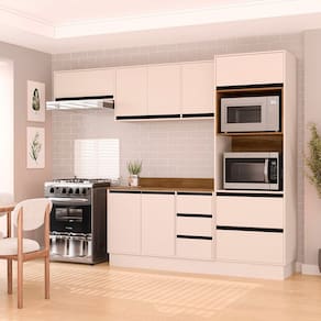 Cozinha 4 Peças Balcão 3 Gavetas 2 Portas Aéreo Basculante Torre Quente com Tampo Koya Branco/Creme