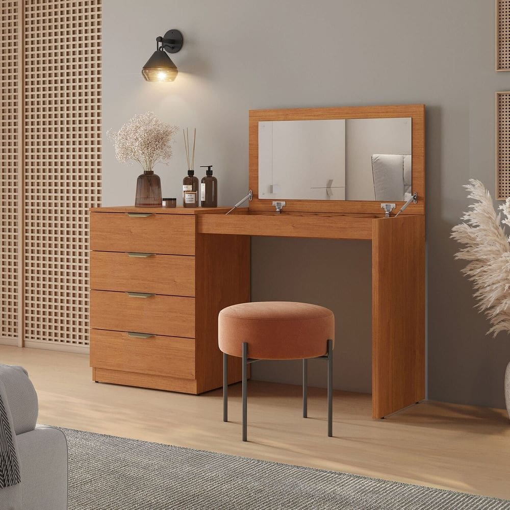 Penteadeira Camarim com Porta Joias e Tampo Reclinável 4 Gavetas Afrodite 100%mdf Naturalle