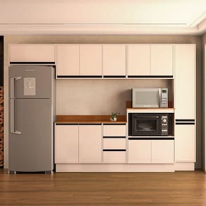 Cozinha 6 Peças Balcão 3 Gavetas 2 Portas Aéreo Balcão Alto Paneleiro com Tampo Koya Branco/Creme