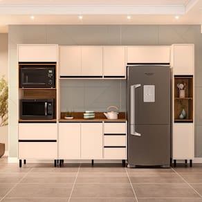 Cozinha 5 Peças Balcão 3 Gavetas 2 Portas Aéreo Paneleiro Torre Quente com Tampo Koya Branco/Creme
