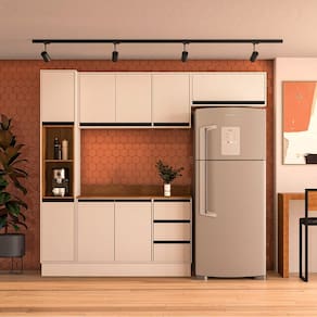 Cozinha 4 Peças Balcão 3 Gavetas 2 Portas Aéreo Basculante Paneleiro com Tampo Koya Branco/Creme