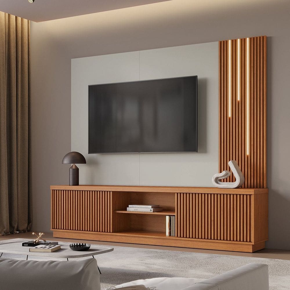 Estante Home para Tv de Ate 75 Polegadas com Led Cascata 100% Mdf 2 Portas 220cm Valencia New Naturalle/Off