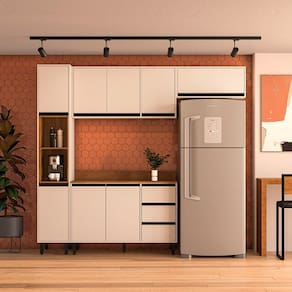 Cozinha 4 Peças Balcão 3 Gavetas 2 Portas Aéreo Basculante Paneleiro com Tampo Koya Branco/Creme