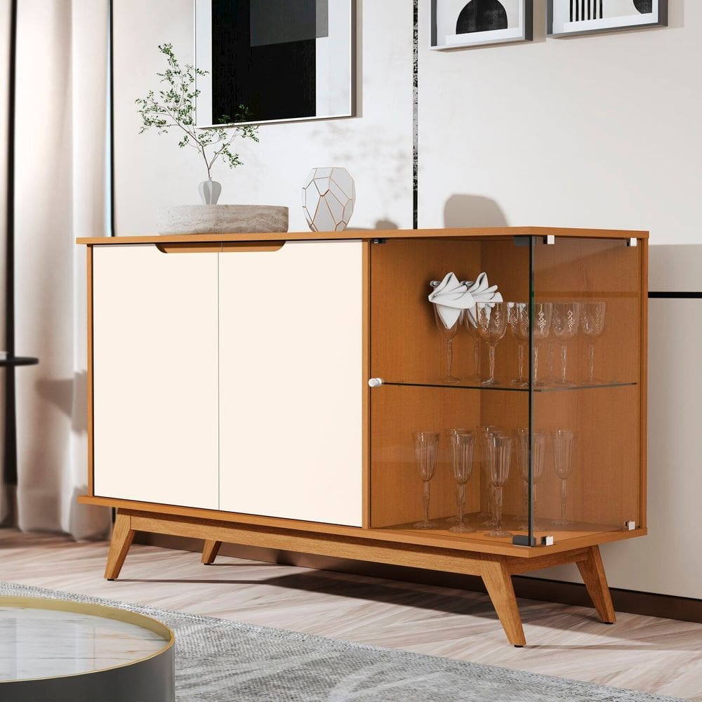 Buffet Tucumã com Puxador Usinado e Vidro em 4cm Temperado Marrom/Offwhite