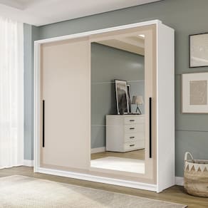 Guarda-roupa 2 Portas de Correr e 2 Gavetas com Espelho Valência Branco/Creme