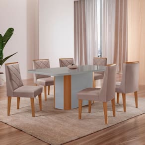 Mesa 180cm Tampo Mdf/vidro Canto Copo 6 Cadeiras Ester Capuccino/Naturalle/Off White