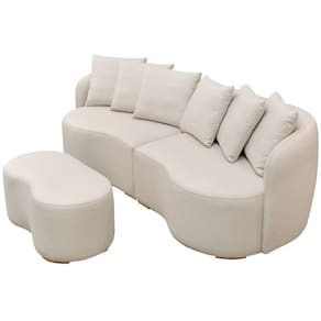 Sofá Rondomóveis Praia R910 Soft Clean Orgânico 4 lugares com almofadas + Puff pés de madeira em tecido Chenile Bege